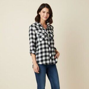 Anthropologie Ash and Ember Button Down Front Shirt Flannel Plaid Black Size S